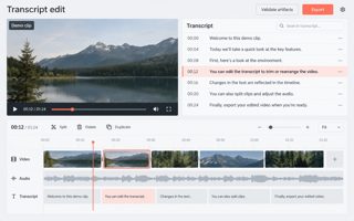 Generated interface mockup: Transcript-led editing and media export